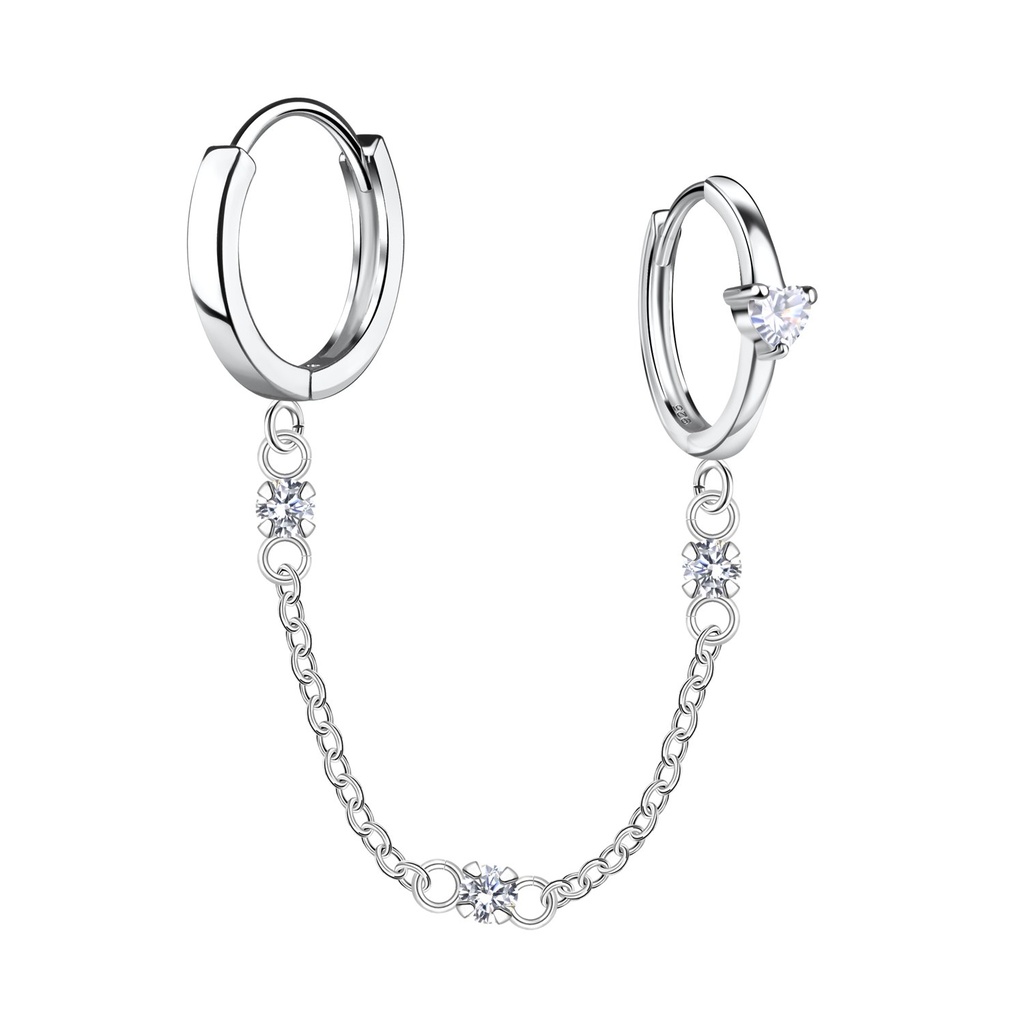 [10034312] Silver Heart Double Huggie Earrings with Chain