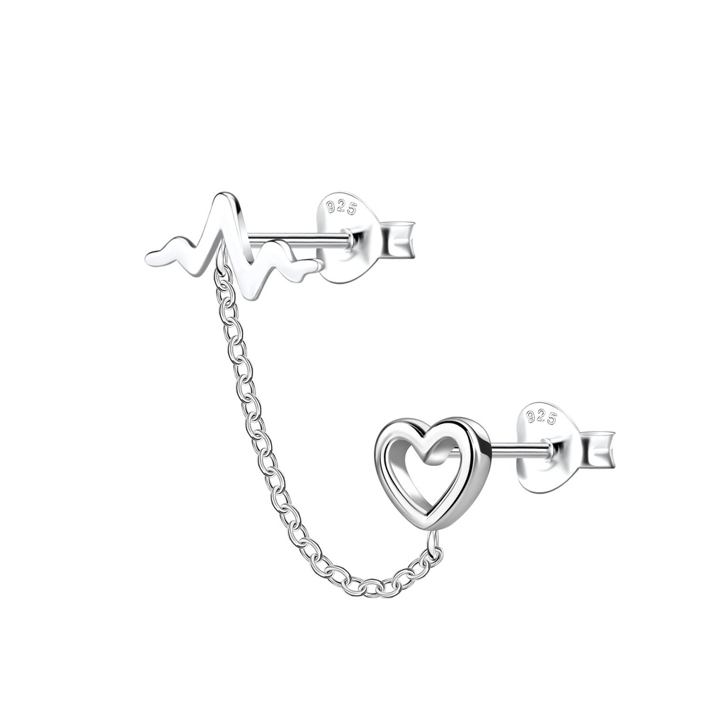 [10034160] Silver Heart Double Stud Earrings with Chain