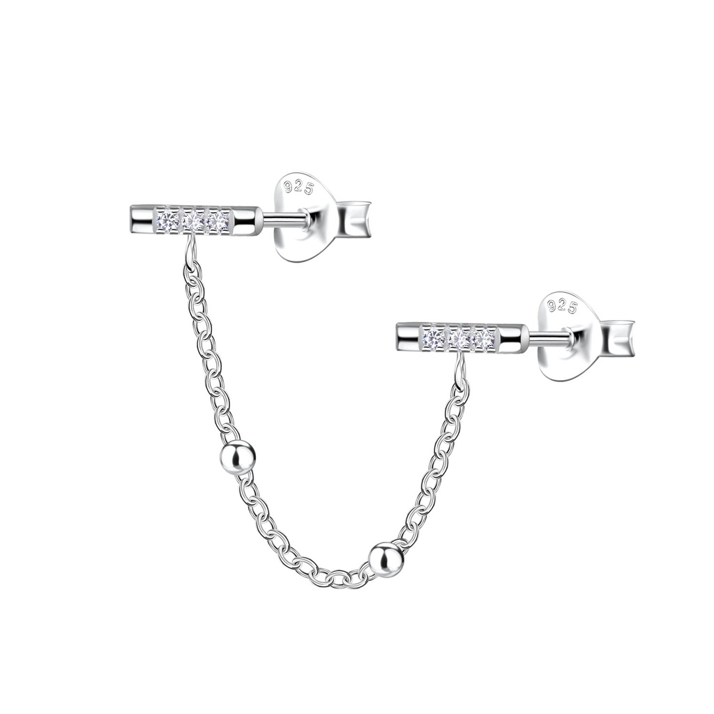 Puces d'oreilles barre doubles en argent avec chaîne