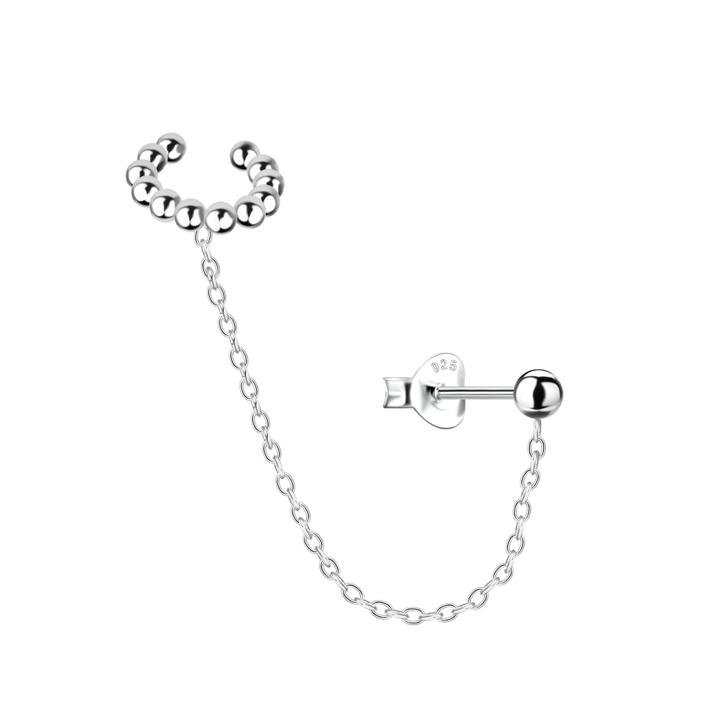 [10031989] Silver Ball Stud Earrings and Ear Cuff with Chain