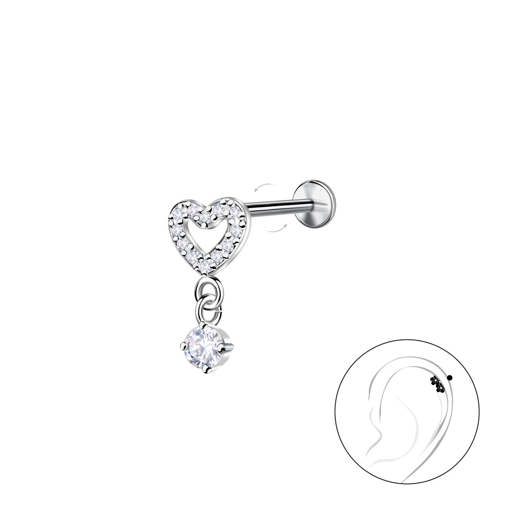 [10036688] Silver Heart with Hanging Stone with Titanium Labret (1.2X6 mm)
