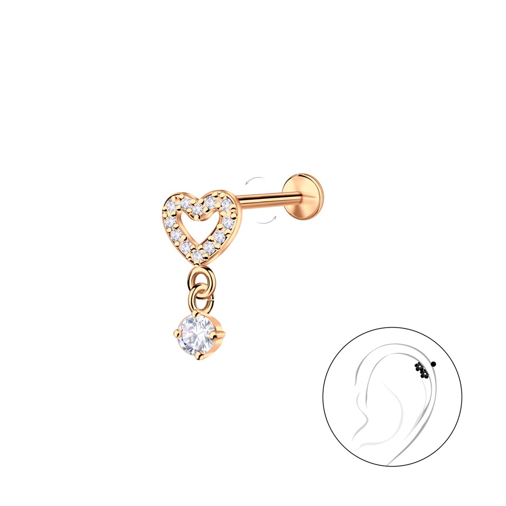 [10036692] Silver Heart with Hanging Stone with Titanium Labret (1.2X6 mm)