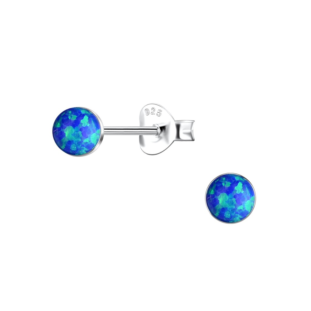 [10037405] 4mm Round Opal Silver Stud Earrings (Dark Blue)