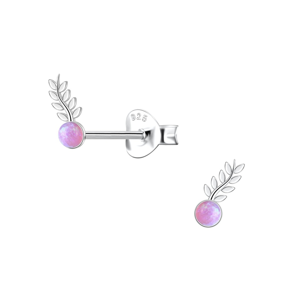 [10036266] Puces d'oreilles opale feuille en argent (Pink)