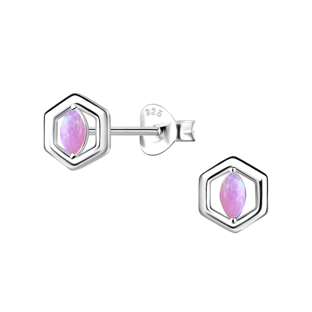 Silver Hexagon Opal Stud Earrings