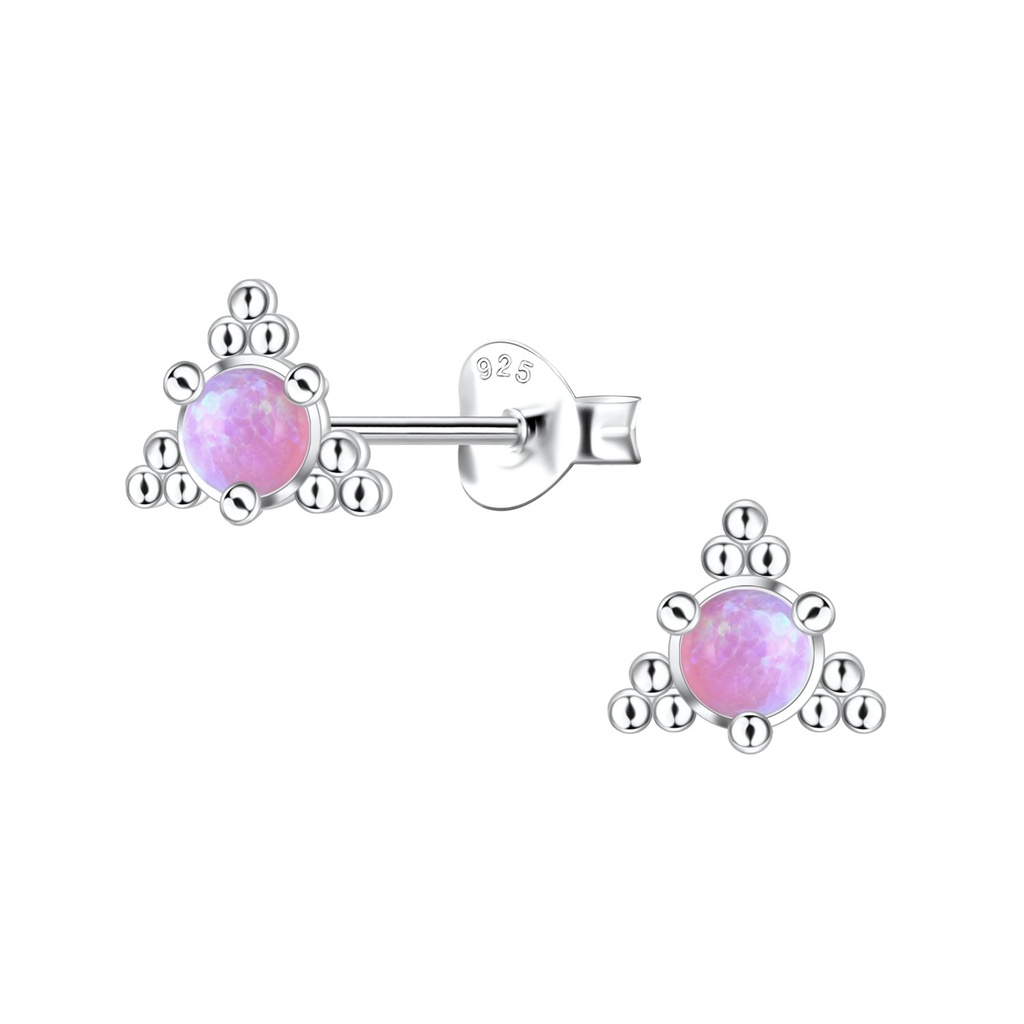 [10036210] Silver Geometric Opal Stud Earrings (Pink)