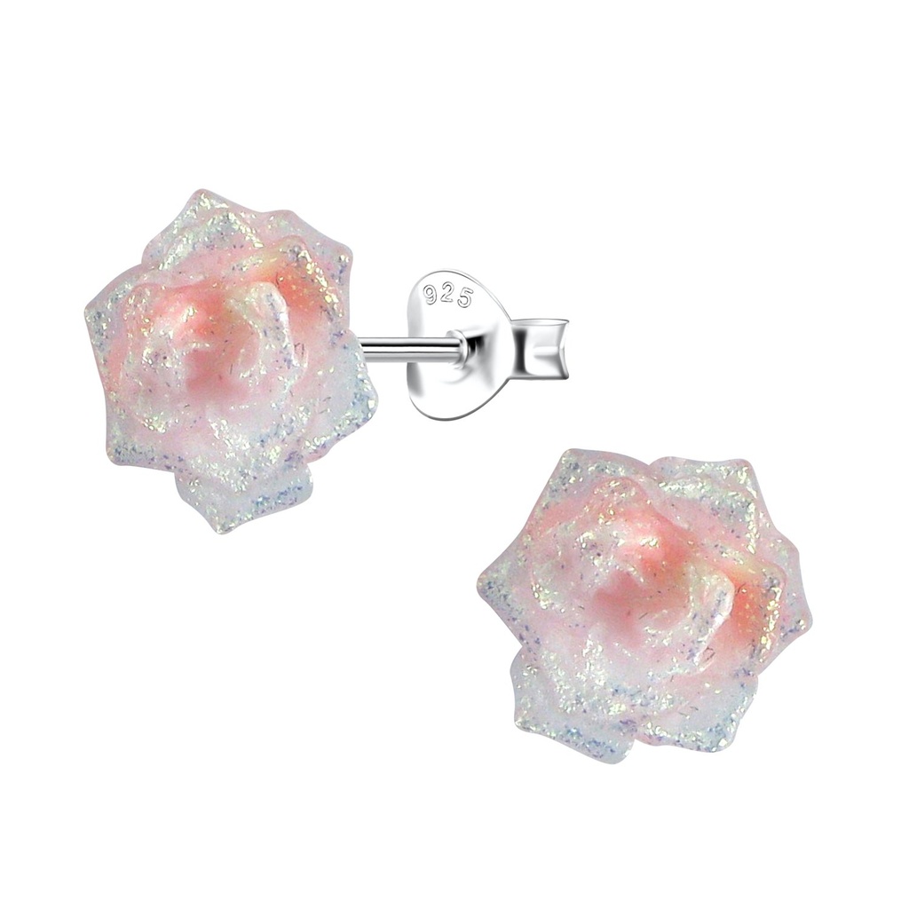 [10036339] Silver Stud Earrings with Resin Rose