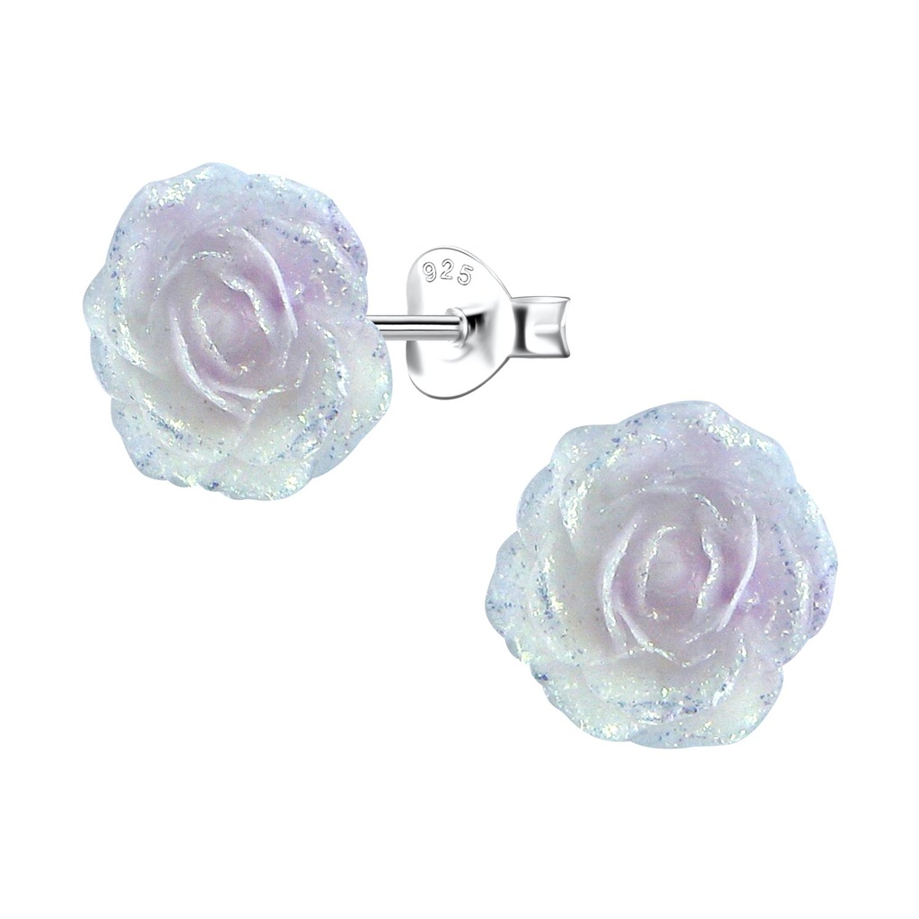[10036338] Silver Stud Earrings with Resin Rose