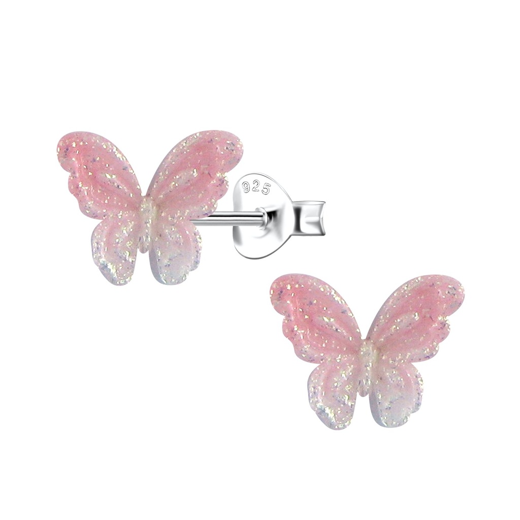 [10036353] Silver Stud Earrings with Resin Butterfly