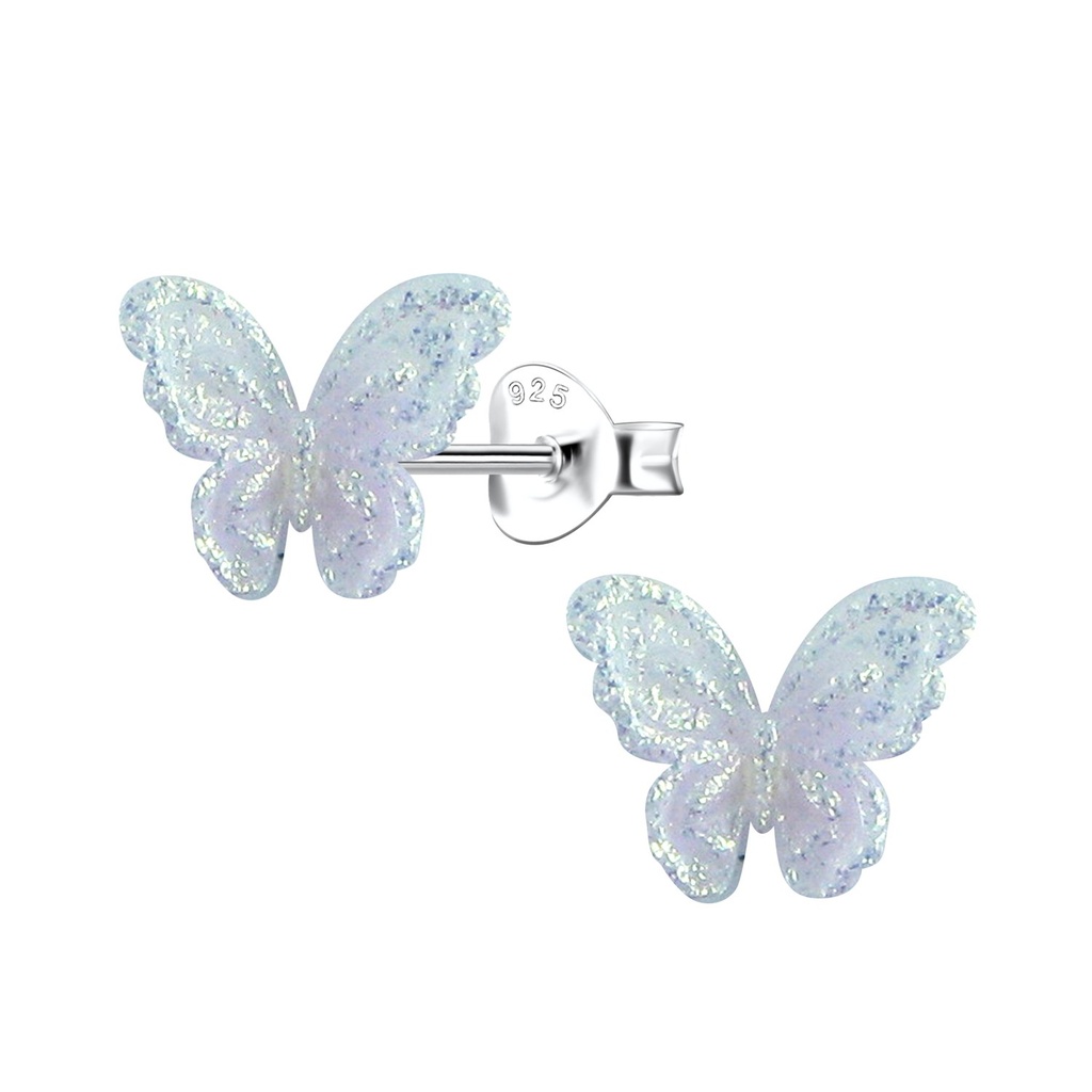 [10036344] Silver Stud Earrings with Resin Butterfly