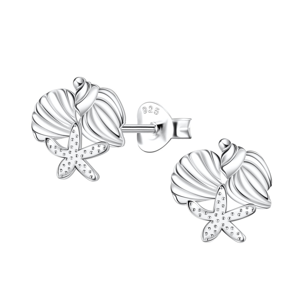 Silver Starfish and Shell Stud Earrings