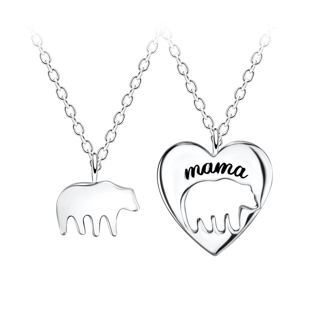 Silver Mama and Baby Bear Necklace Set