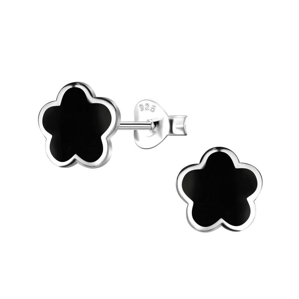 [10035997] Silver Flower Stud Earrings with Synthetic Black Onyx