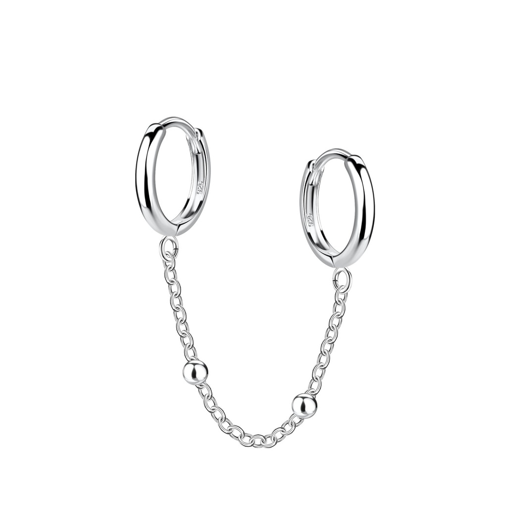 [10034316] Silver Double Huggie Earrings with Ball Chain