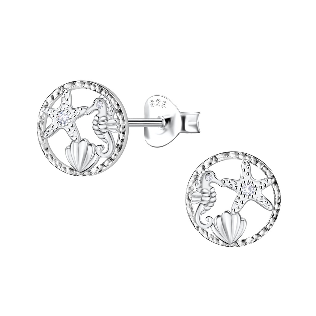 Silver Starfish Seahorse and Shell Stud Earrings