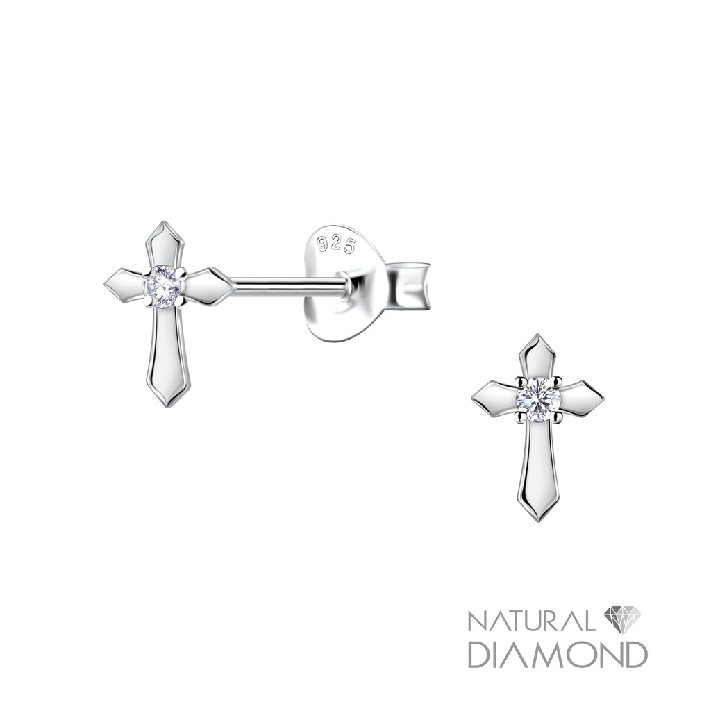 [10034418] Silver Cross Stud Earrings With Natural Diamond