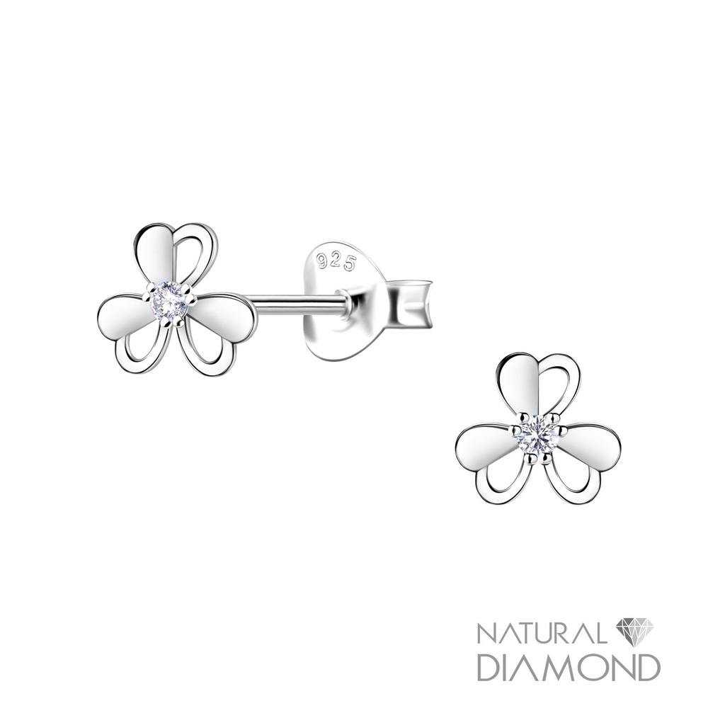 [10034416] Silver Flower Stud Earrings With Natural Diamond