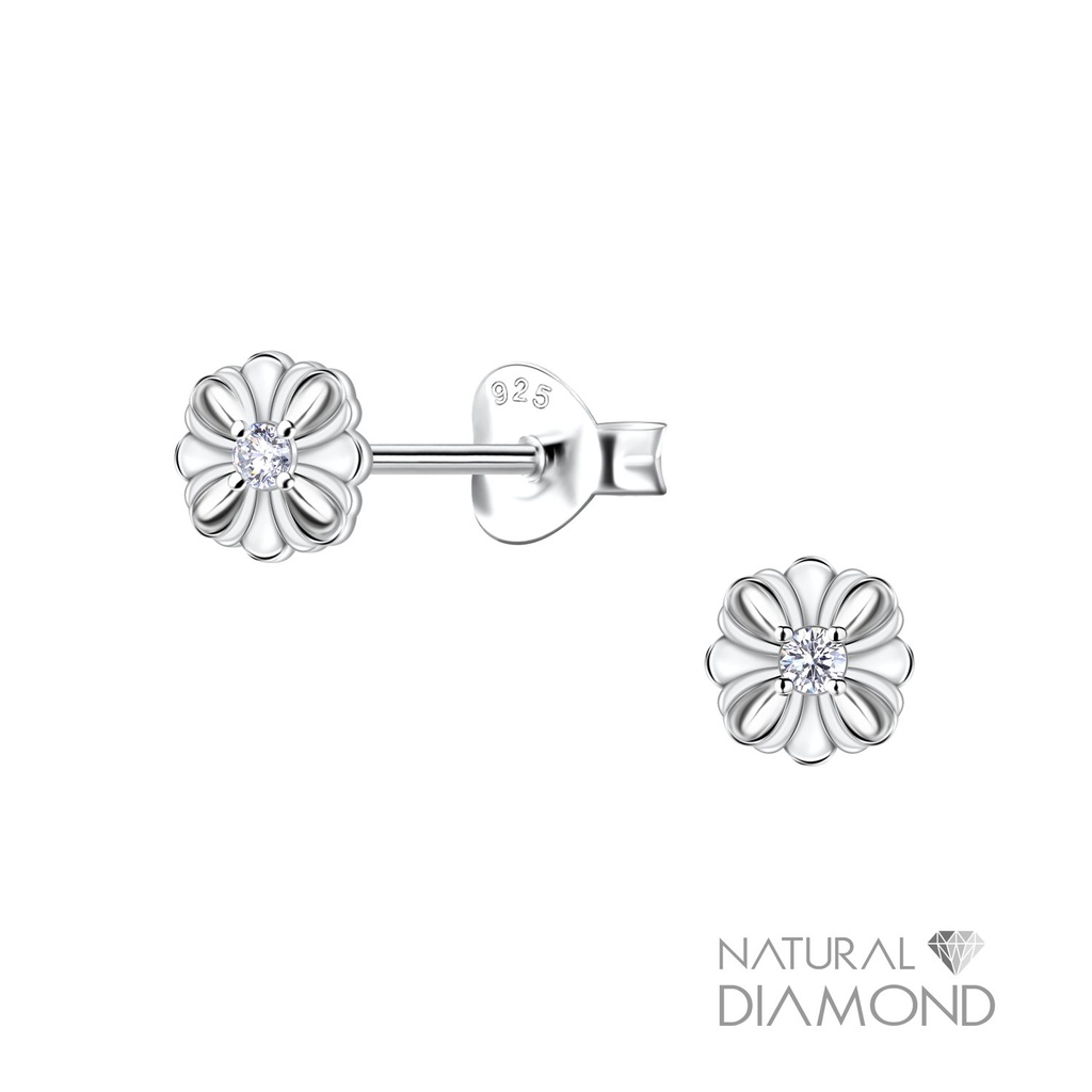 [10034414] Puces d'oreilles fleur en argent avec diamant naturel