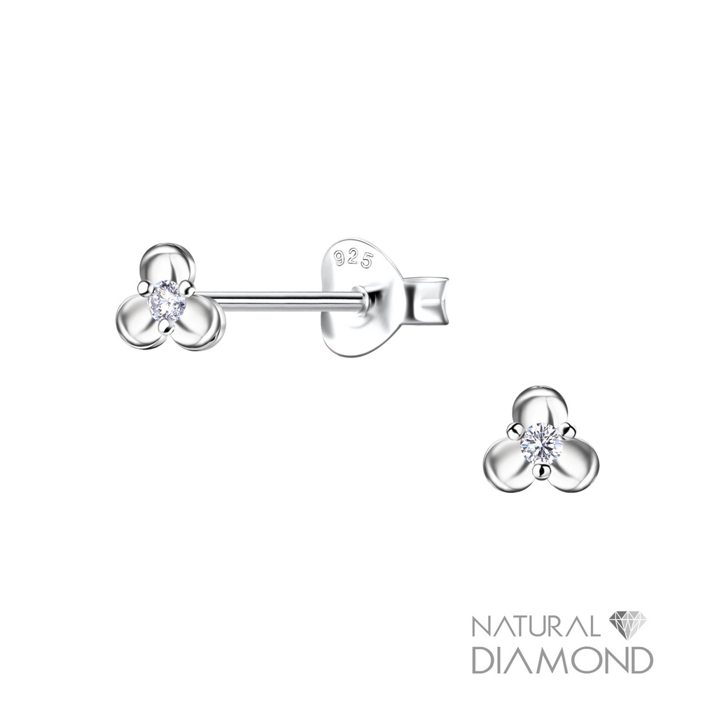 [10034402] Puces d'oreilles fleur à trois pétales en argent avec diamant naturel
