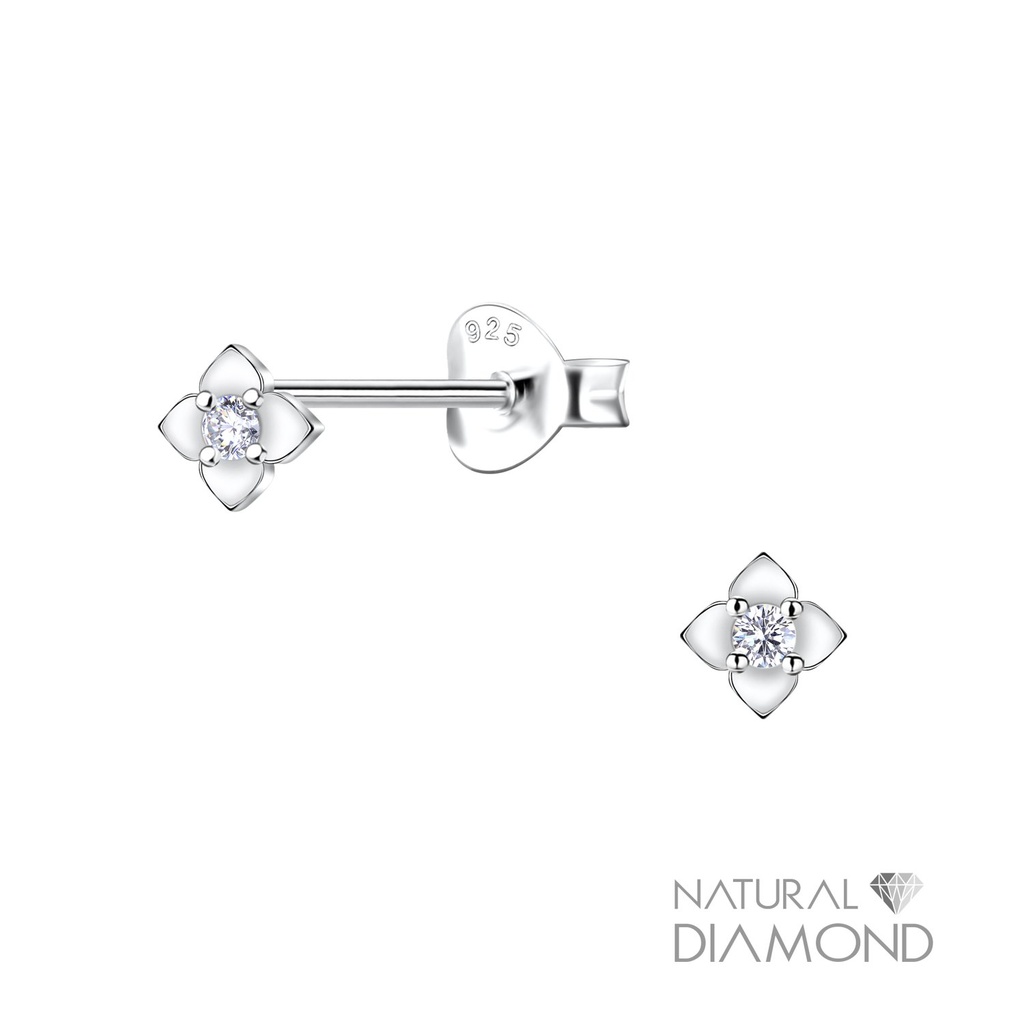 [10034396] Silver Flower Stud Earrings With Natural Diamond