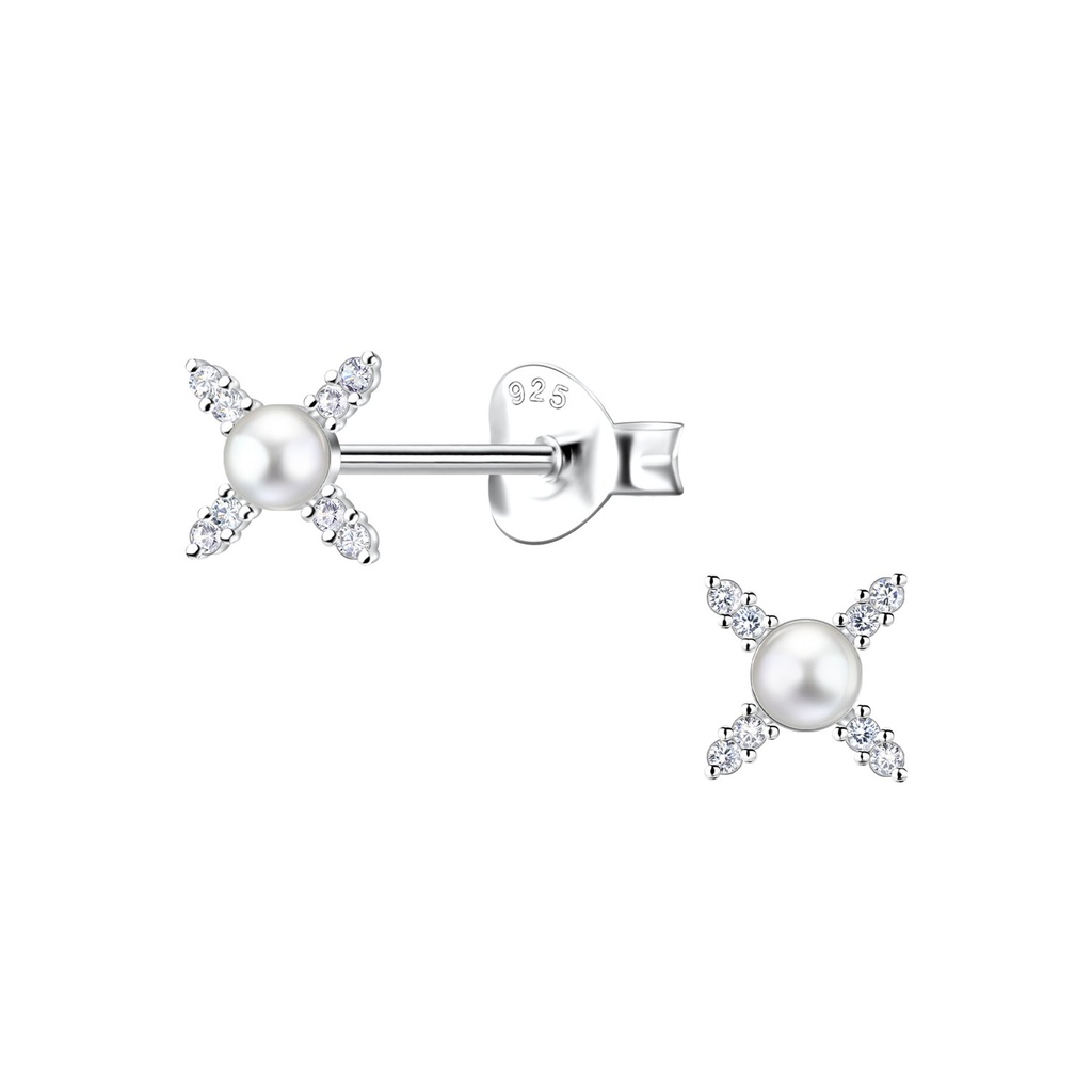 Silver Cross Stud Earrings with Pearl