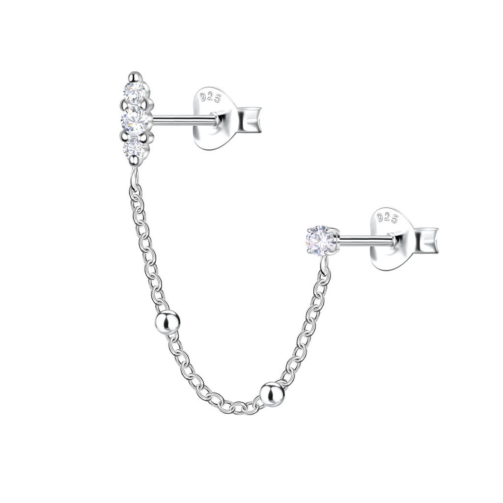 Silver Double Stud Earrings with Ball Chain