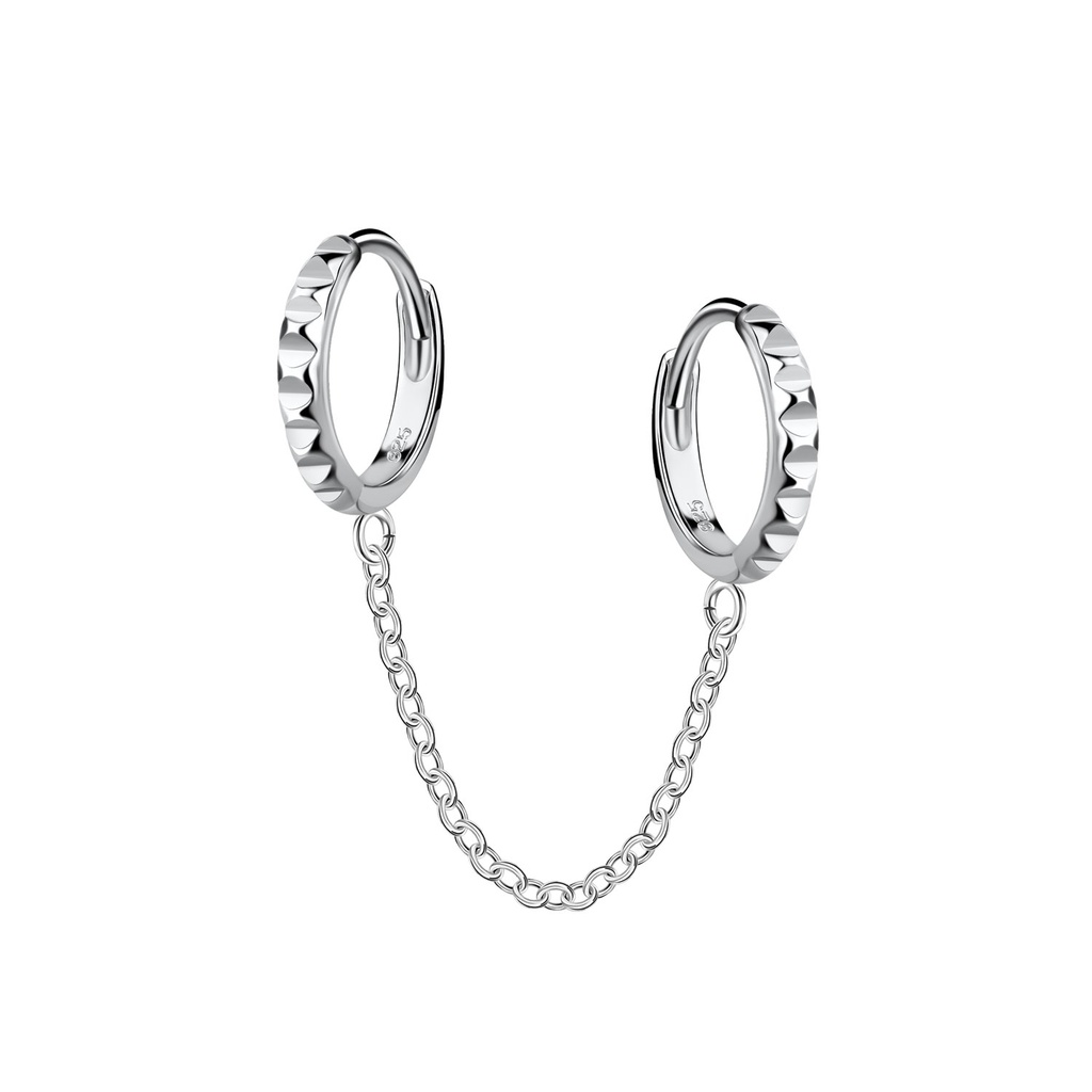 [10034291] Silver Double Patterned Huggie Earrings with Chain