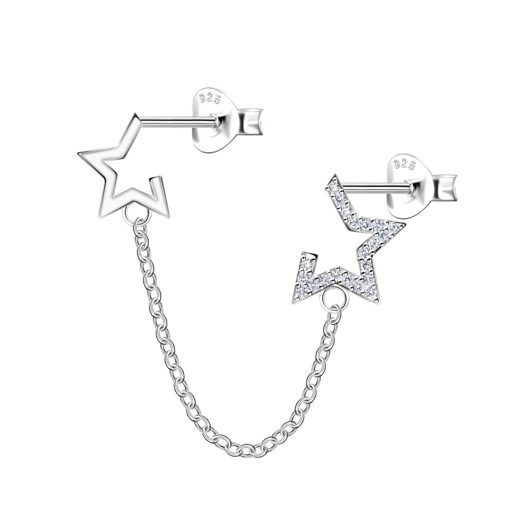 Silver Star Stud Earrings with Chain 