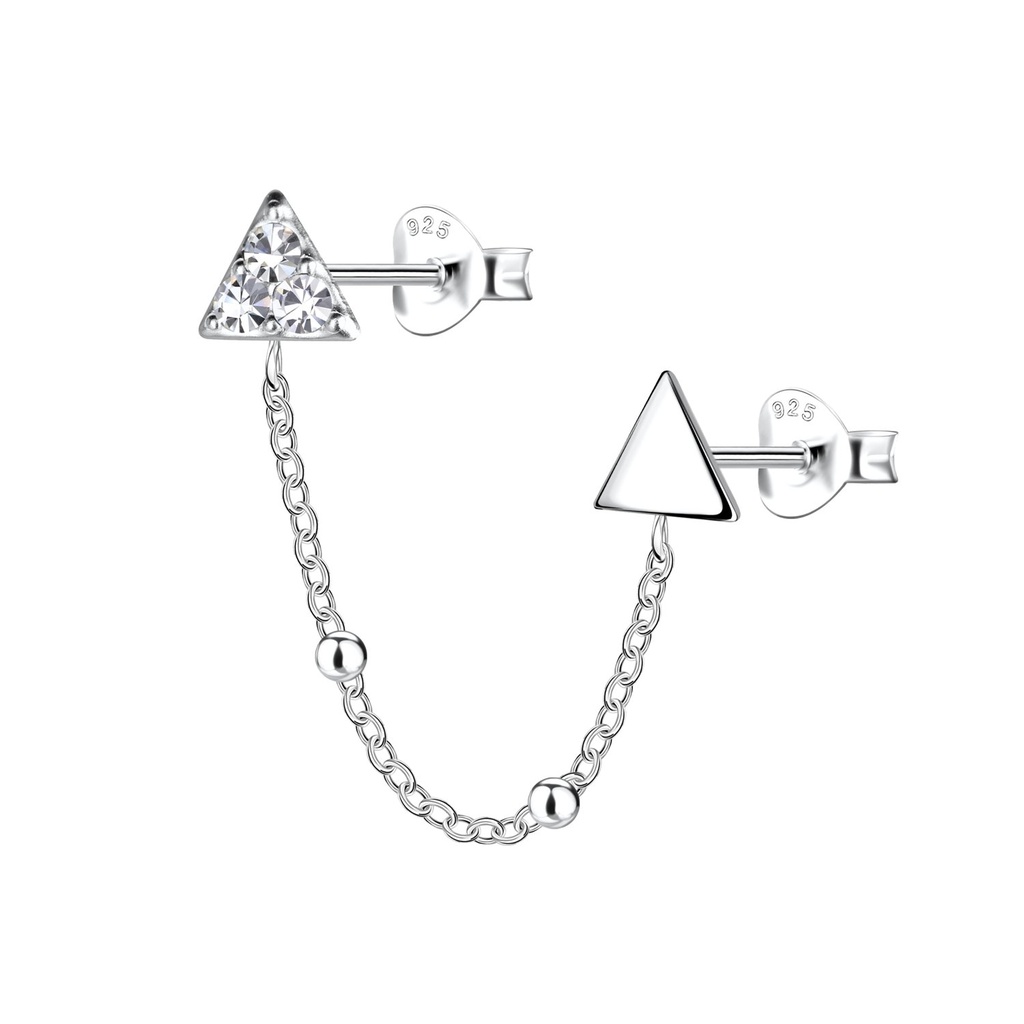 [10034188] Silver Triangle Double Stud Earrings with Chain