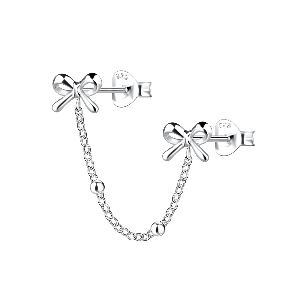 [10034186] Silver Double Bow Stud Earrings with Ball Chain