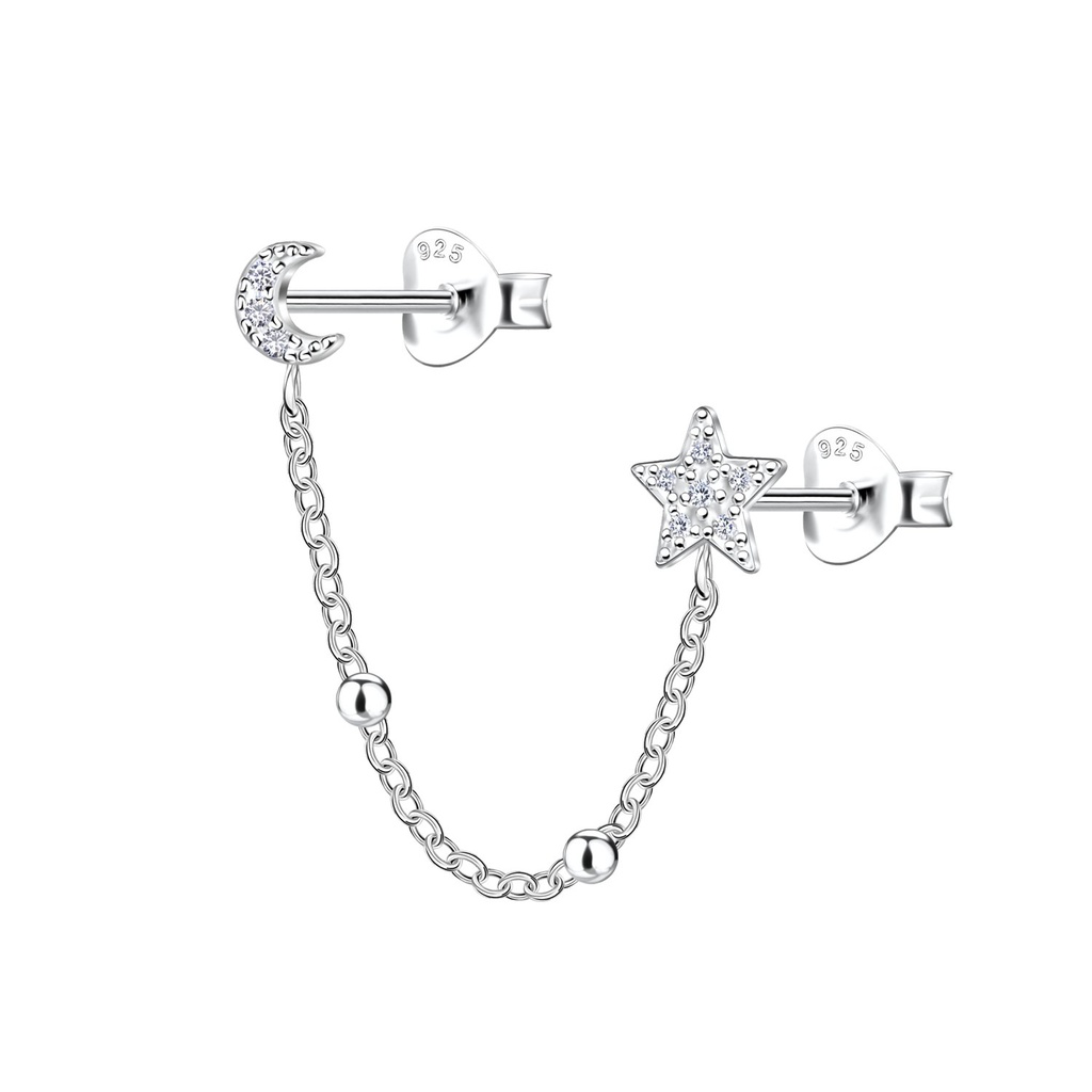 Silver Moon and Star Double Stud Earrings with Ball Chain