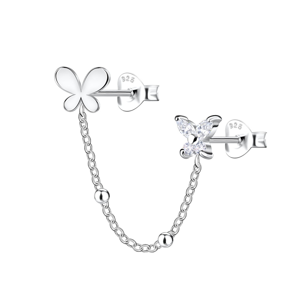 Silver Butterfly Double Stud Earrings with Chain