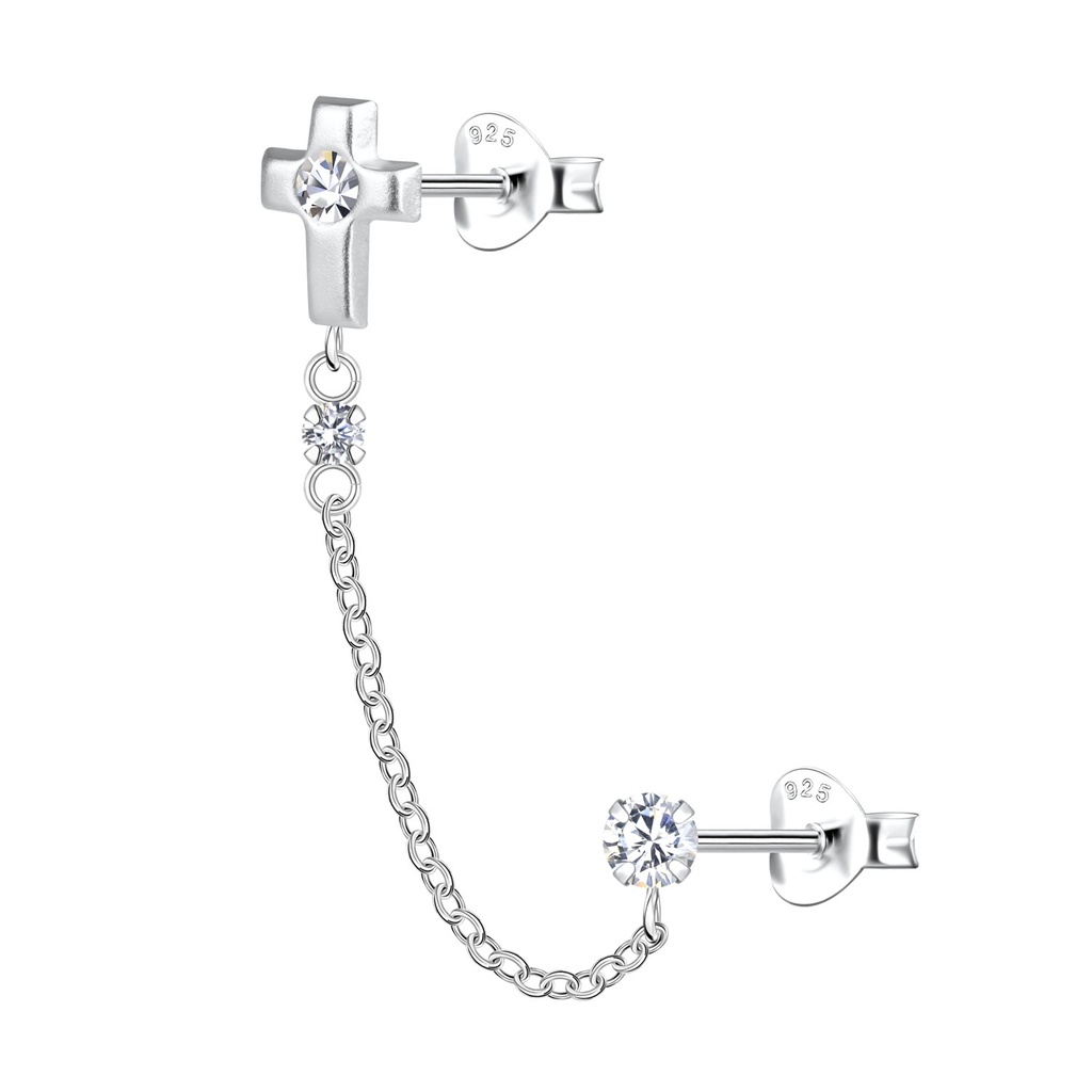 [10034181] Puces d'oreilles croix doubles en argent avec chaîne
