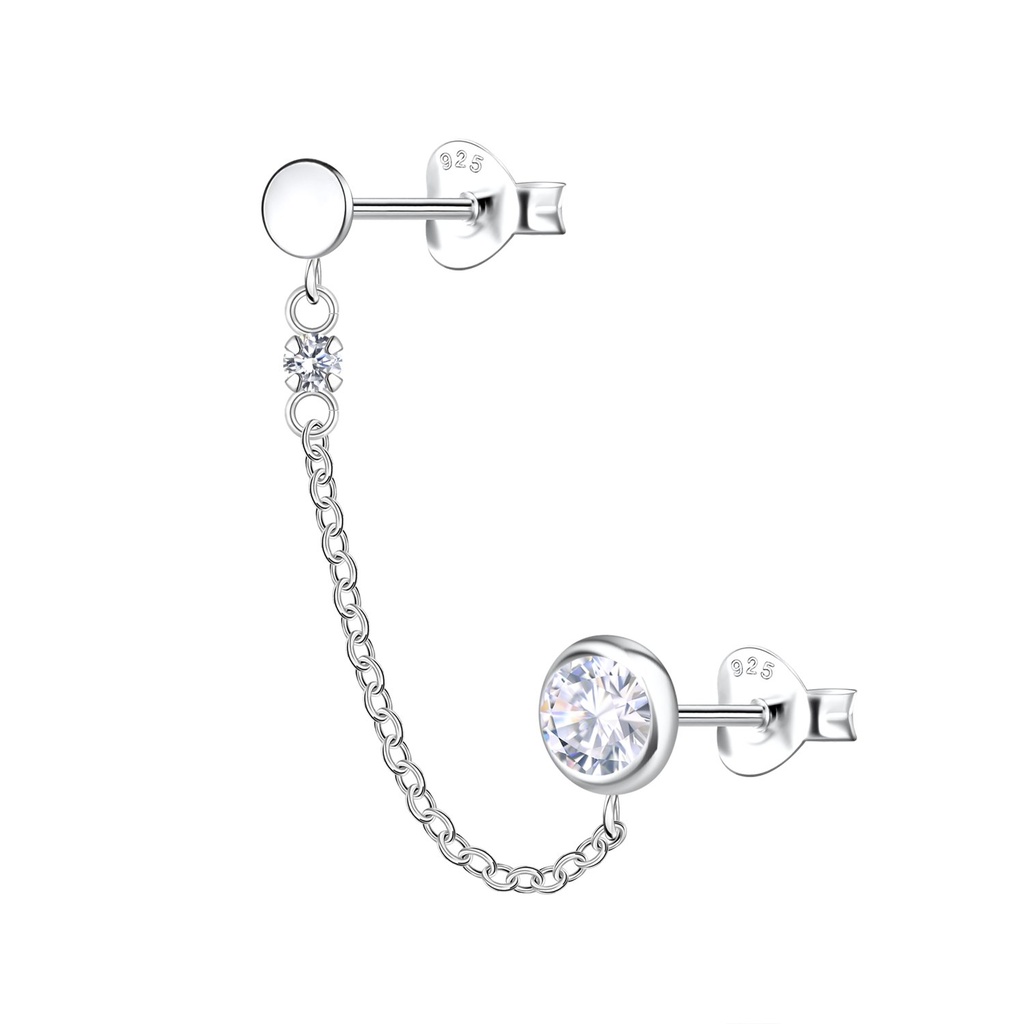 Puces d'oreilles rondes doubles en argent avec chaîne