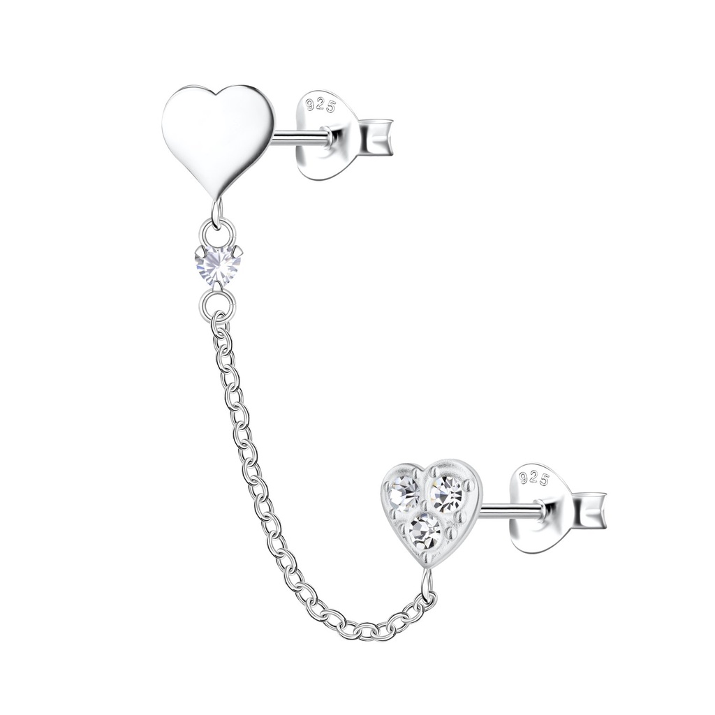 [10034178] Silver Heart Double Stud Earrings with Chain