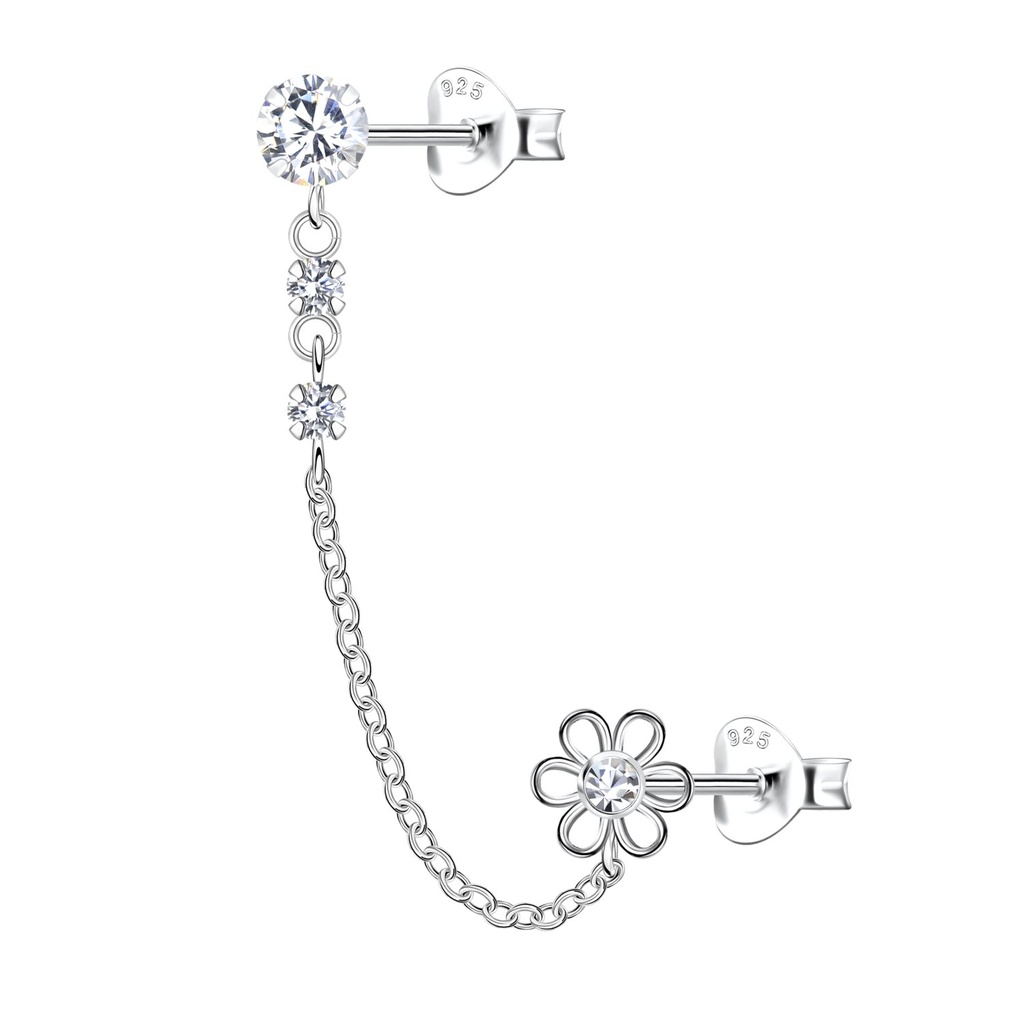 [10034177] Silver Flower Double Stud Earrings with Chain