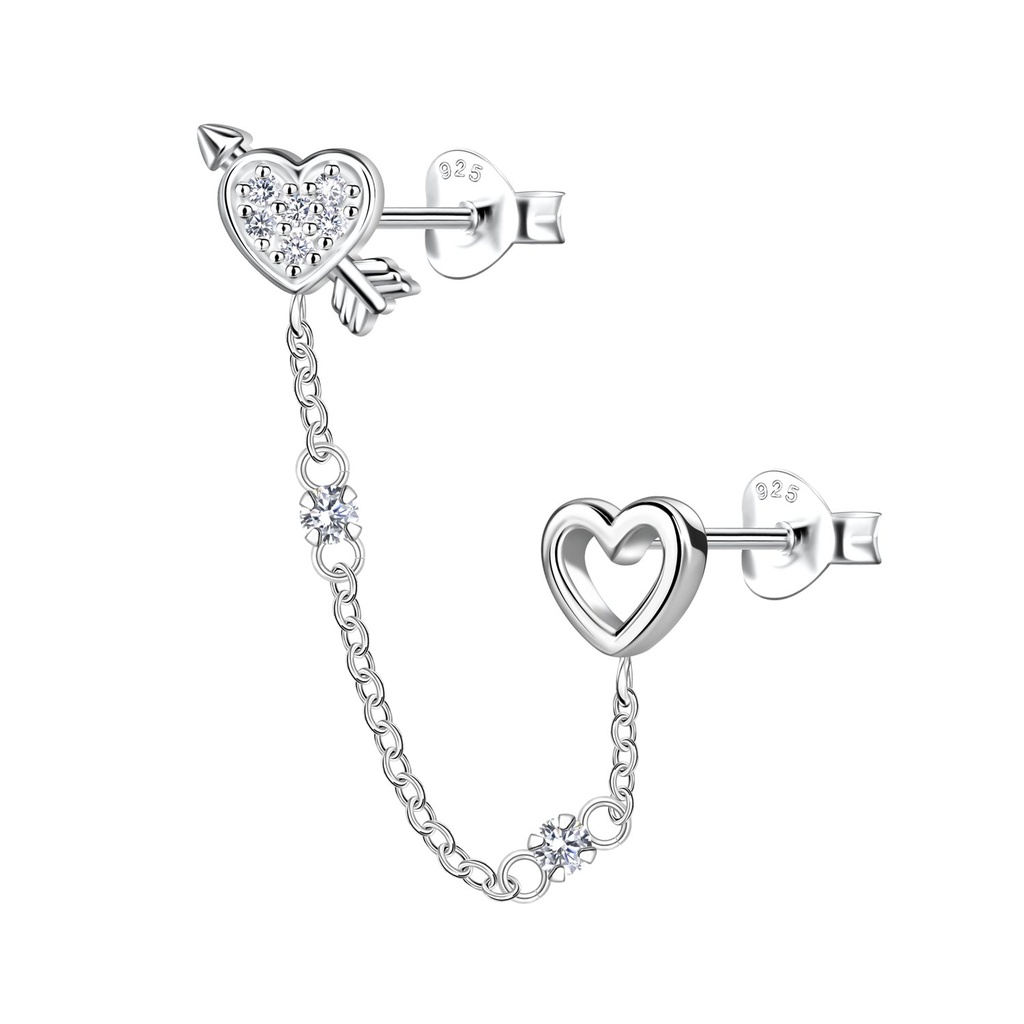 Puces d'oreilles cœur doubles en argent avec chaîne