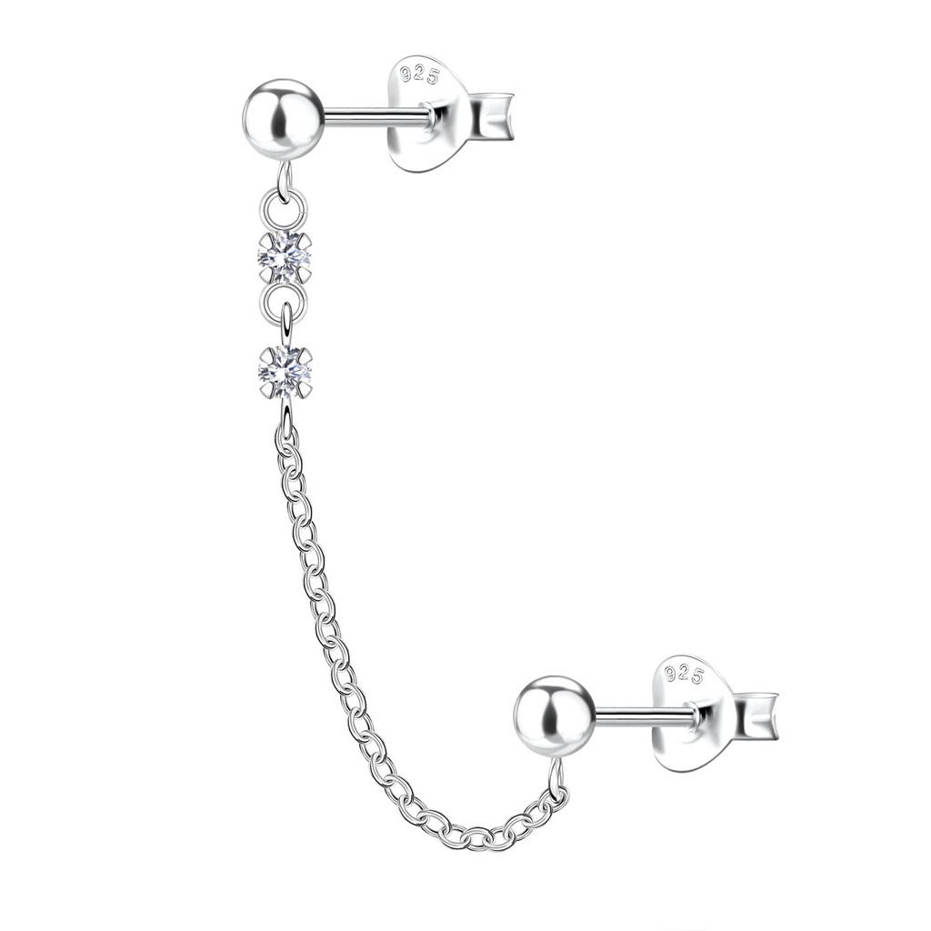 Silver Ball Double Stud Earrings with Chain