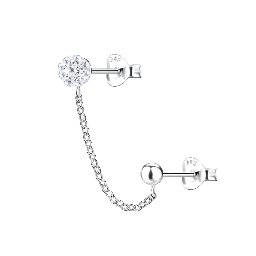 Silver Round Double Stud Earrings with Chain
