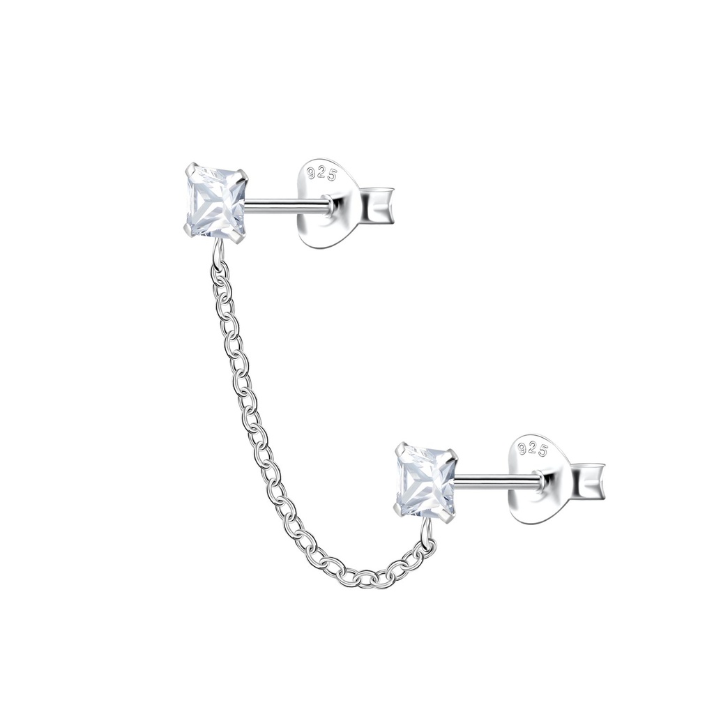 Silver Square Double Stud Earrings with Chain