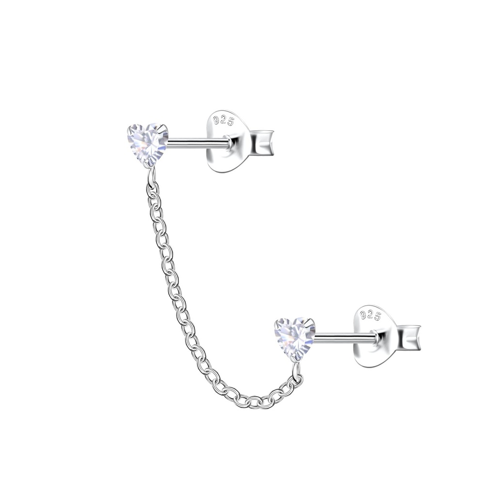 Silver Heart Double Stud Earrings with Chain