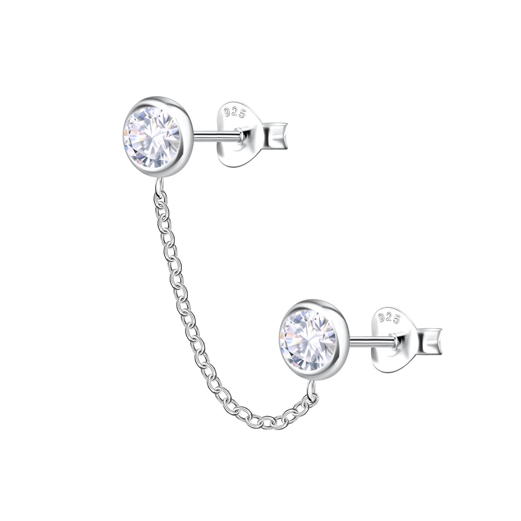 Puces d'oreilles rondes doubles en argent avec chaîne