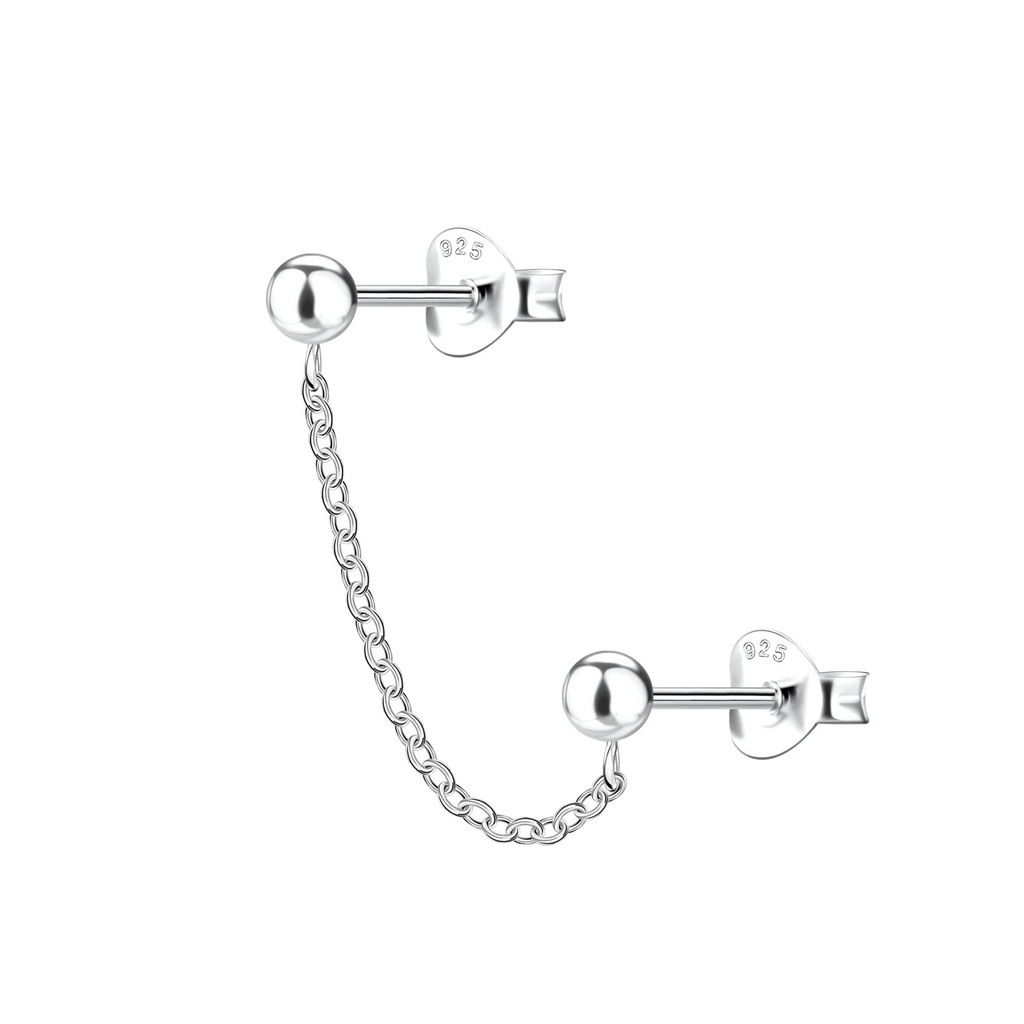 Silver Ball Double Stud Earrings with Chain