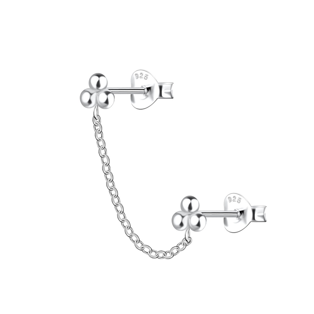[10034165] Puces d'oreilles boule triple doubles en argent avec chaîne