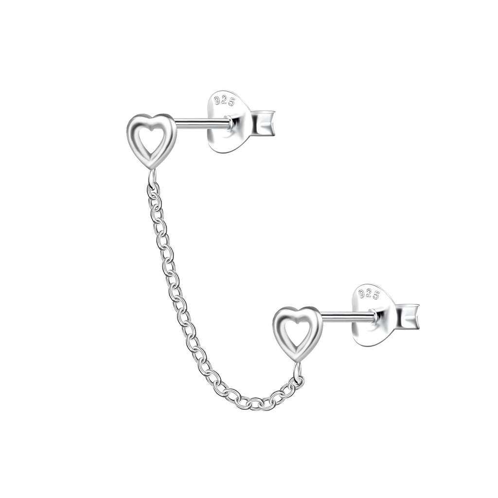 Silver Heart Double Stud Earrings with Chain