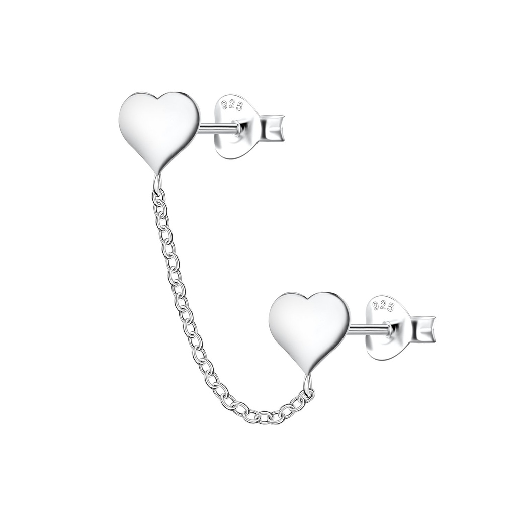 Silver Heart Double Stud Earrings with Chain