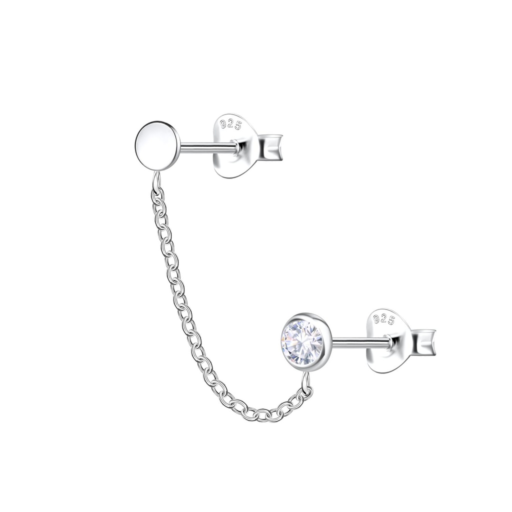 Puces d'oreilles rondes doubles en argent avec chaîne