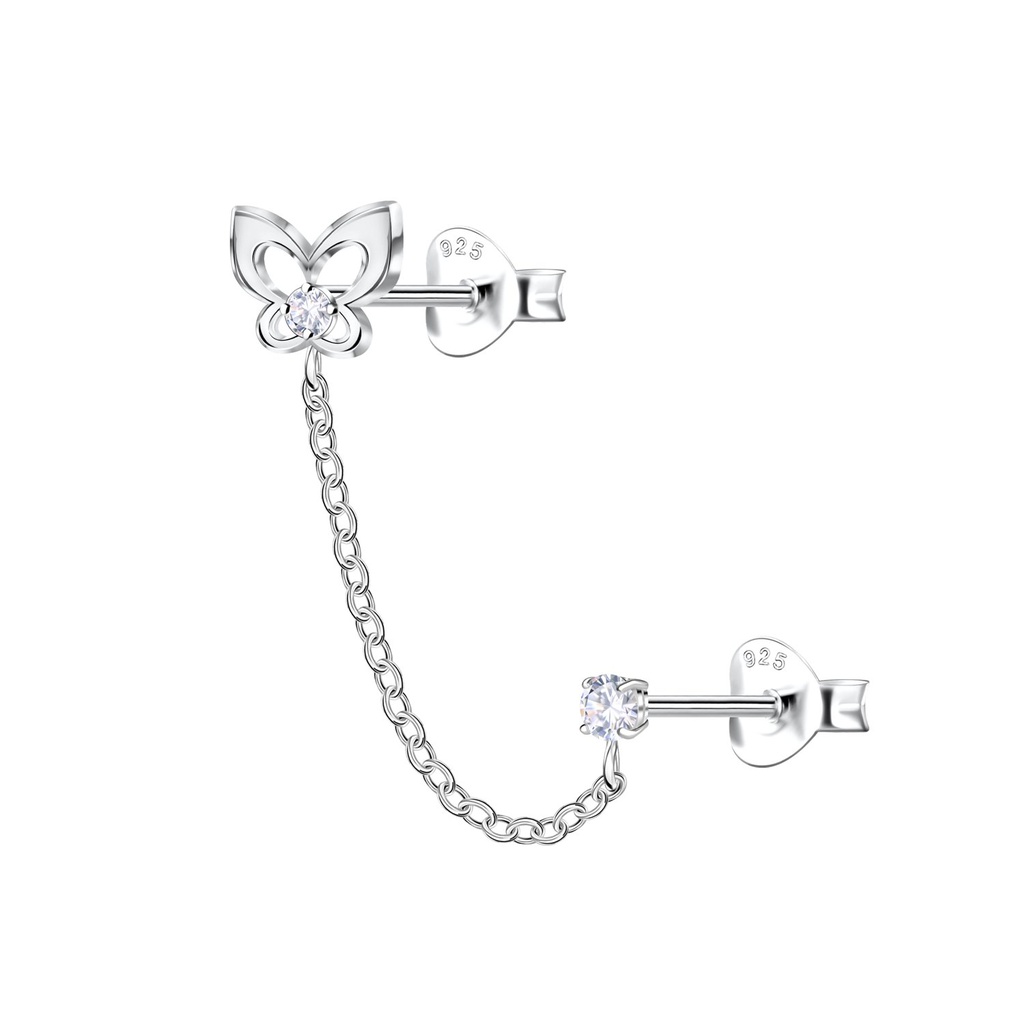 Puces d'oreilles papillon doubles en argent avec chaîne