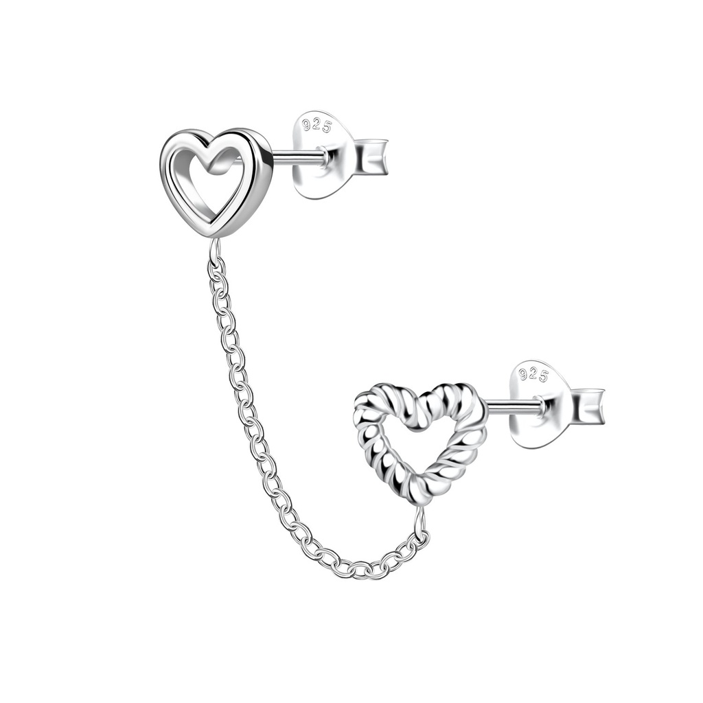 Puces d'oreilles cœur doubles en argent avec chaîne