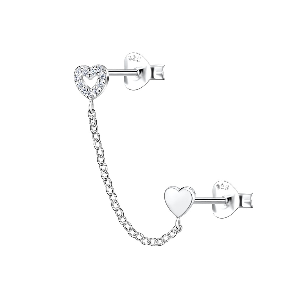 Puces d'oreilles cœur doubles en argent avec chaîne